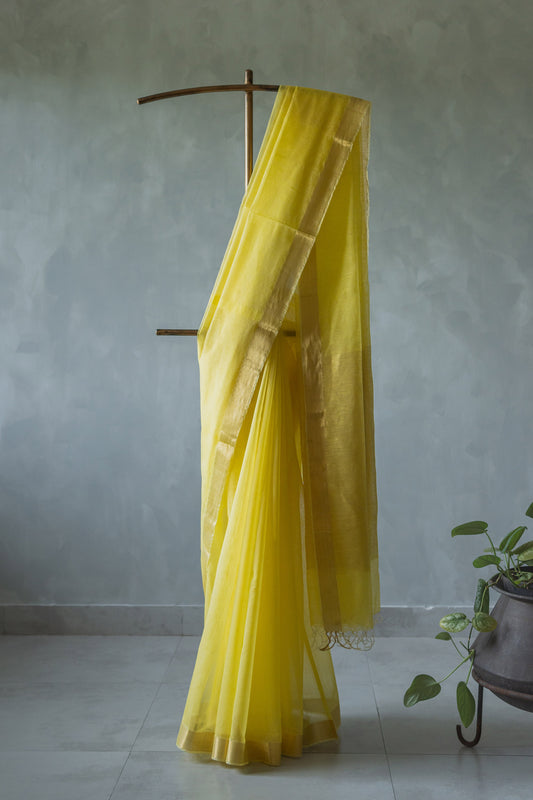 Lime Yellow Khadi Silk with Zari  Border and Stripes Pallu Saree