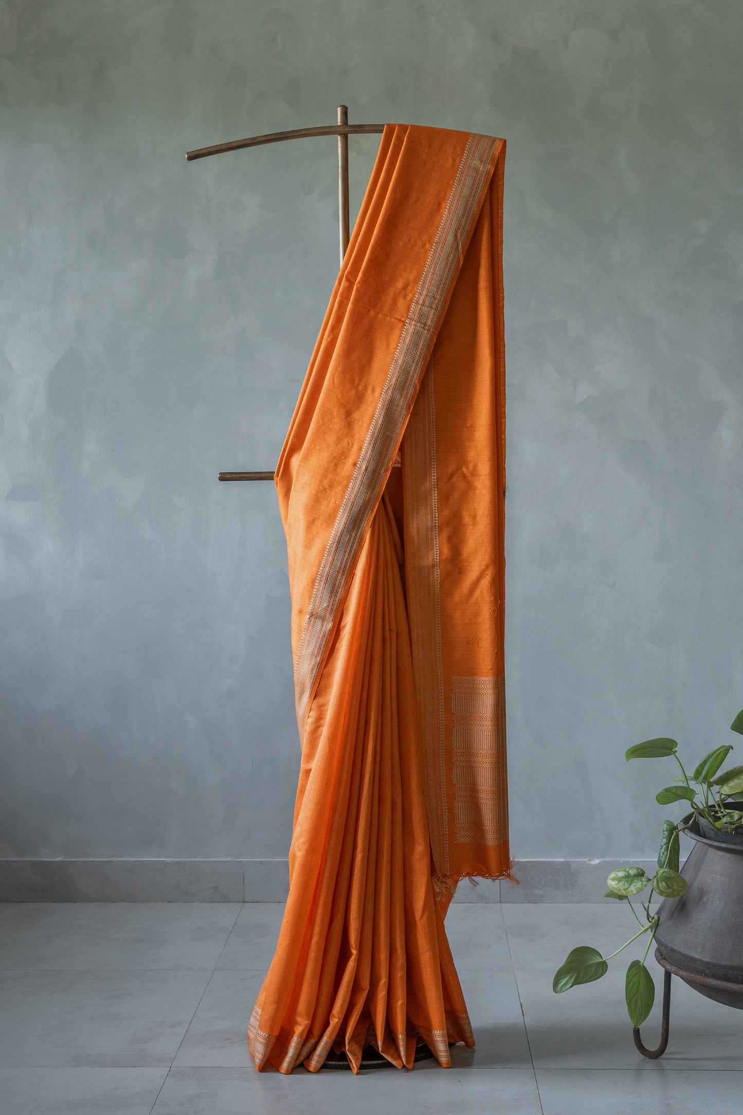 Orange Tussar Silk Plain Body with Moonga Doddy Border Saree