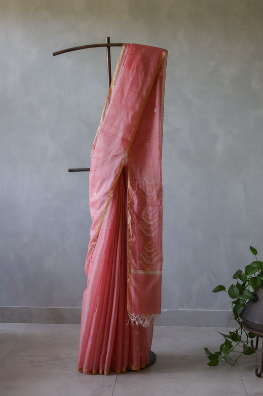 Light Pink Silk Khadi All Over Polka Bengal Jala Pallu Saree