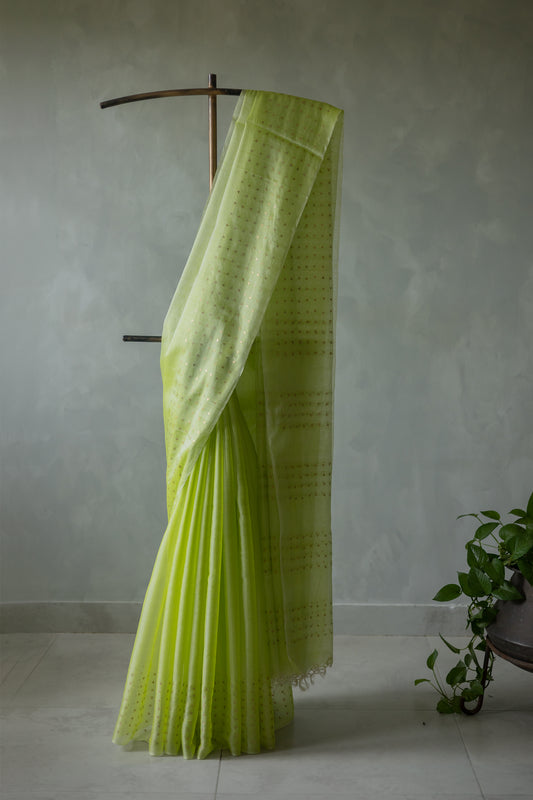 Parrot Green Silk Cotton Sequins Border and Pallu Saree