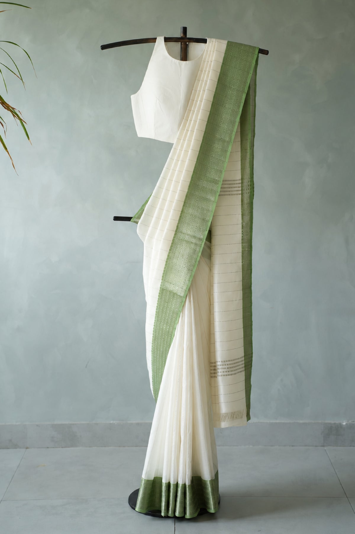 Half White Green Striped Mangalagiri Silk Cotton  with Faded Green Border Saree