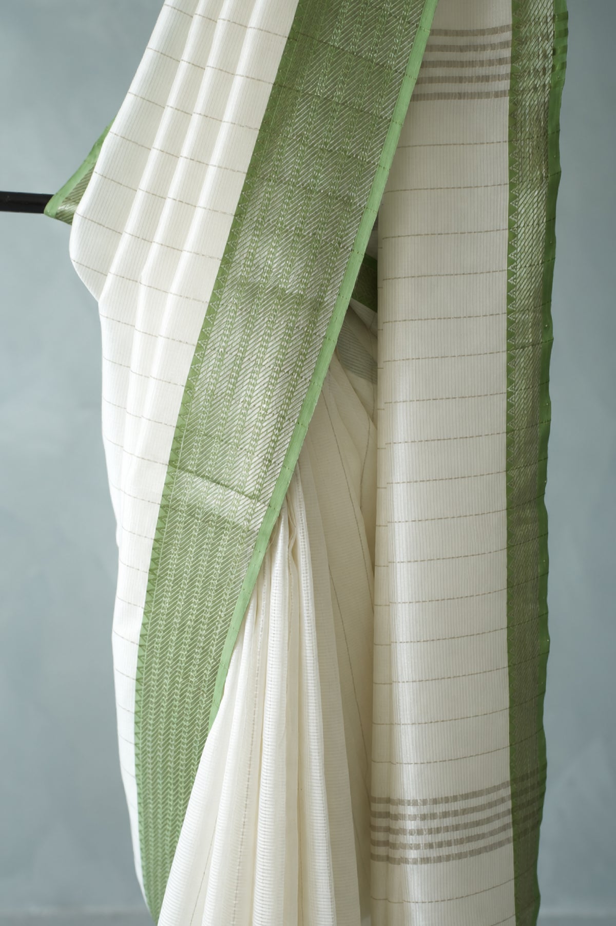 Half White Green Striped Mangalagiri Silk Cotton  with Faded Green Border Saree