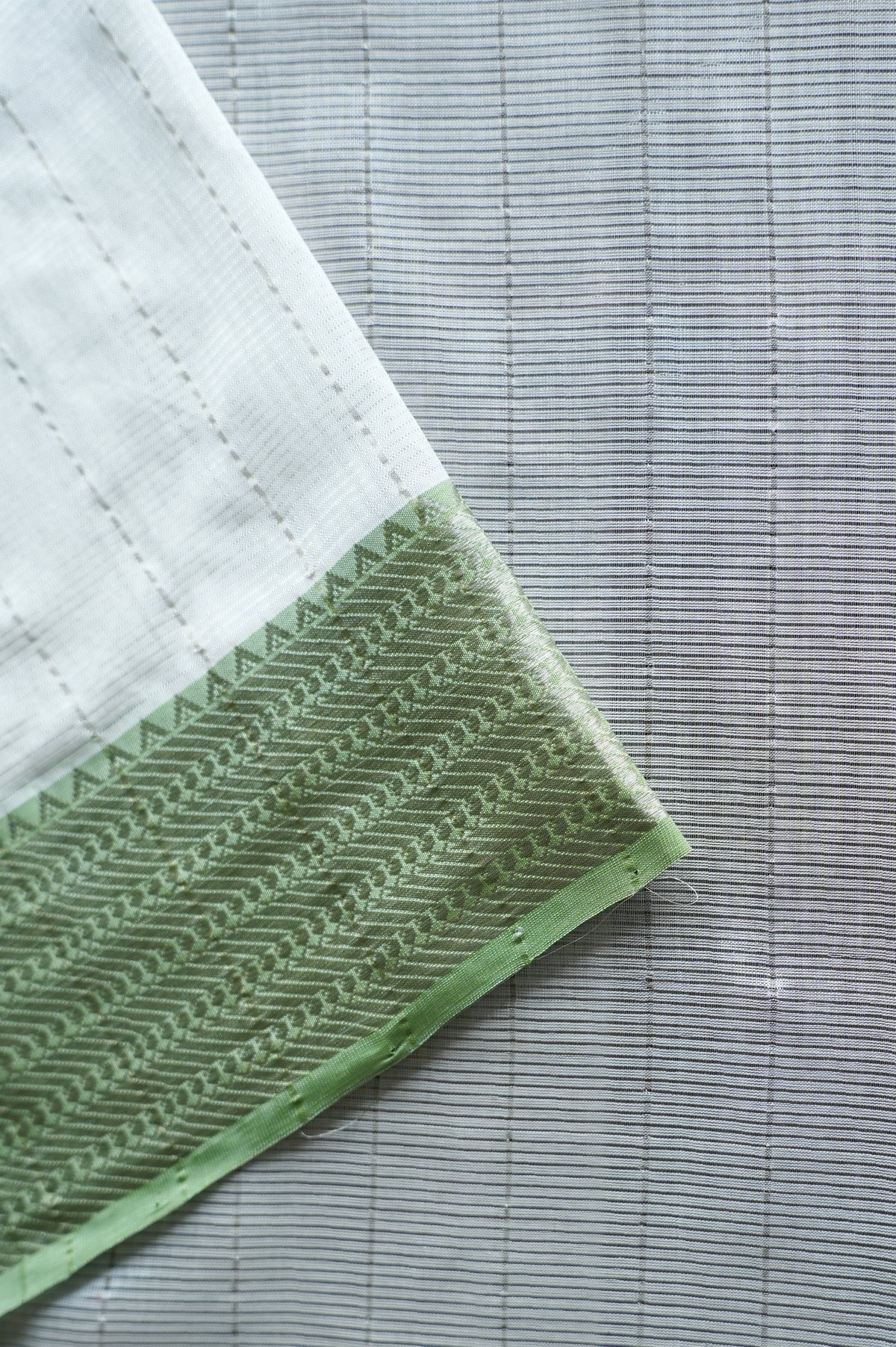Half White Green Striped Mangalagiri Silk Cotton  with Faded Green Border Saree