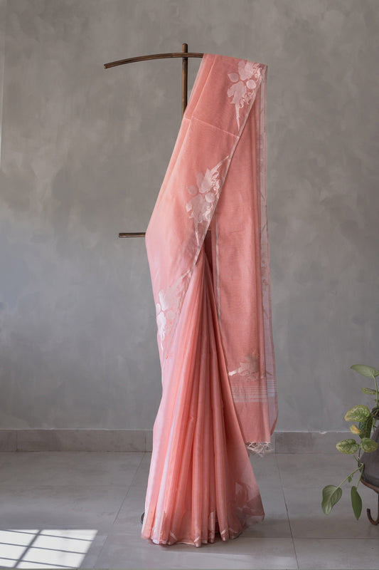 Peach Silk Cotton with Parrot Border and Pallu Saree