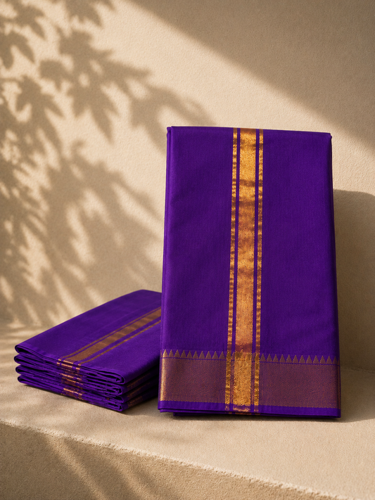 Royal Purple Mangalagiri Silk Cotton Veshti Set with Gold Zari Border