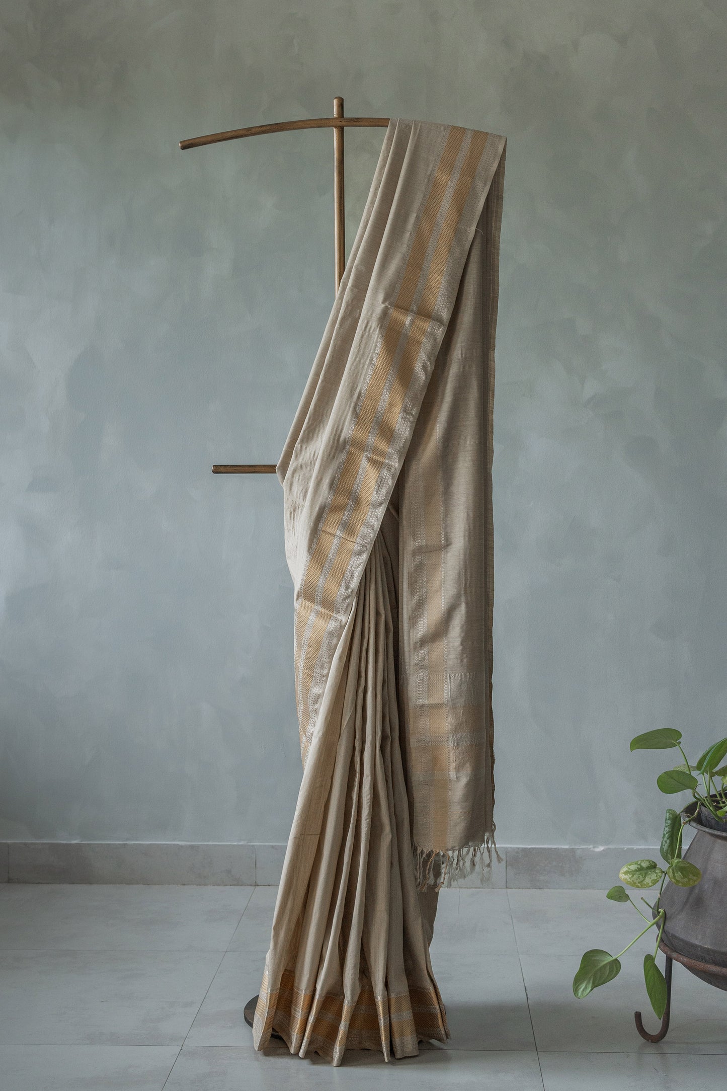 Grey Moonga Silk with Multi Dobby Border Saree