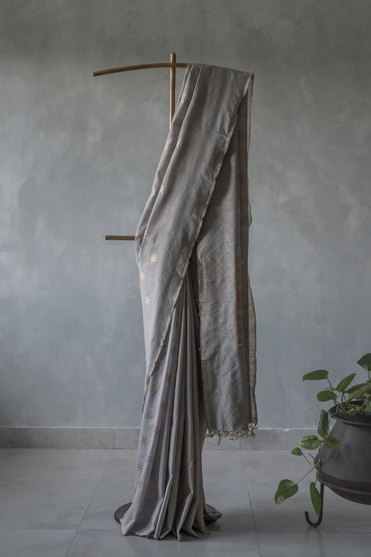 Powder Blue Tussar Khadi Silk with Star Motif and Plain Body Saree