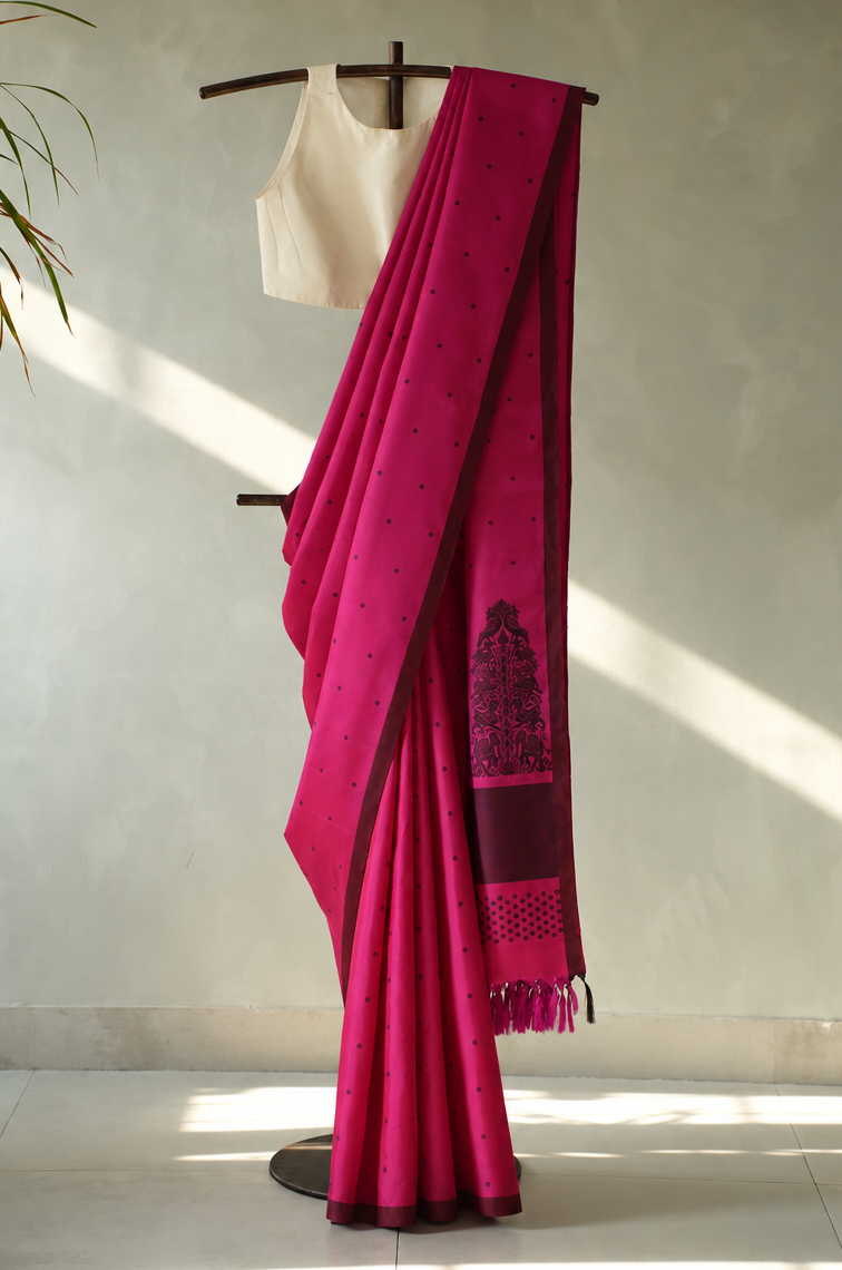 Magenta Pink Kanjivaram Silk with Black Thread Work Border Saree