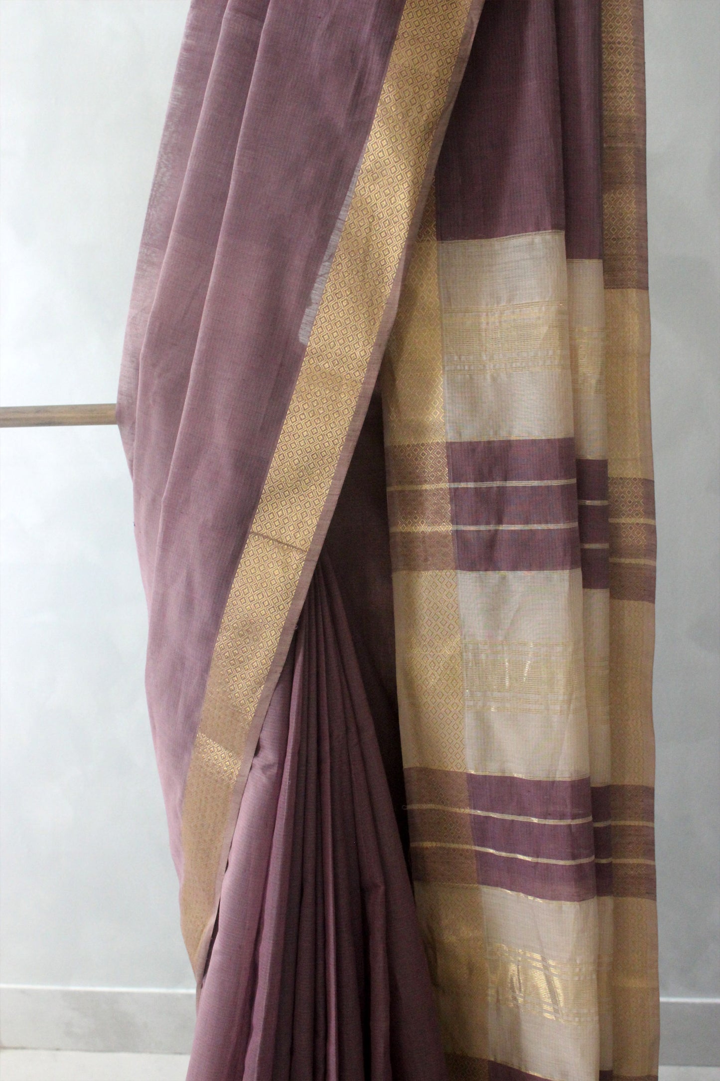 Dark Mauve Silk Khadi Saree with Self Stripes & Zari Border Saree