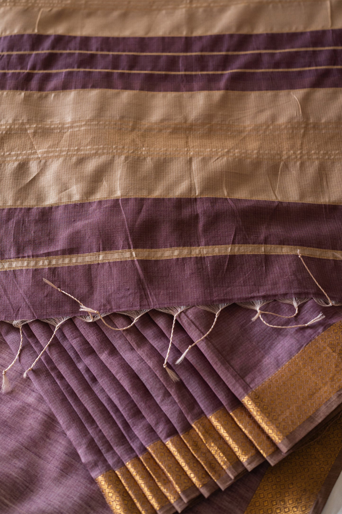 Dark Mauve Silk Khadi Saree with Self Stripes & Zari Border Saree