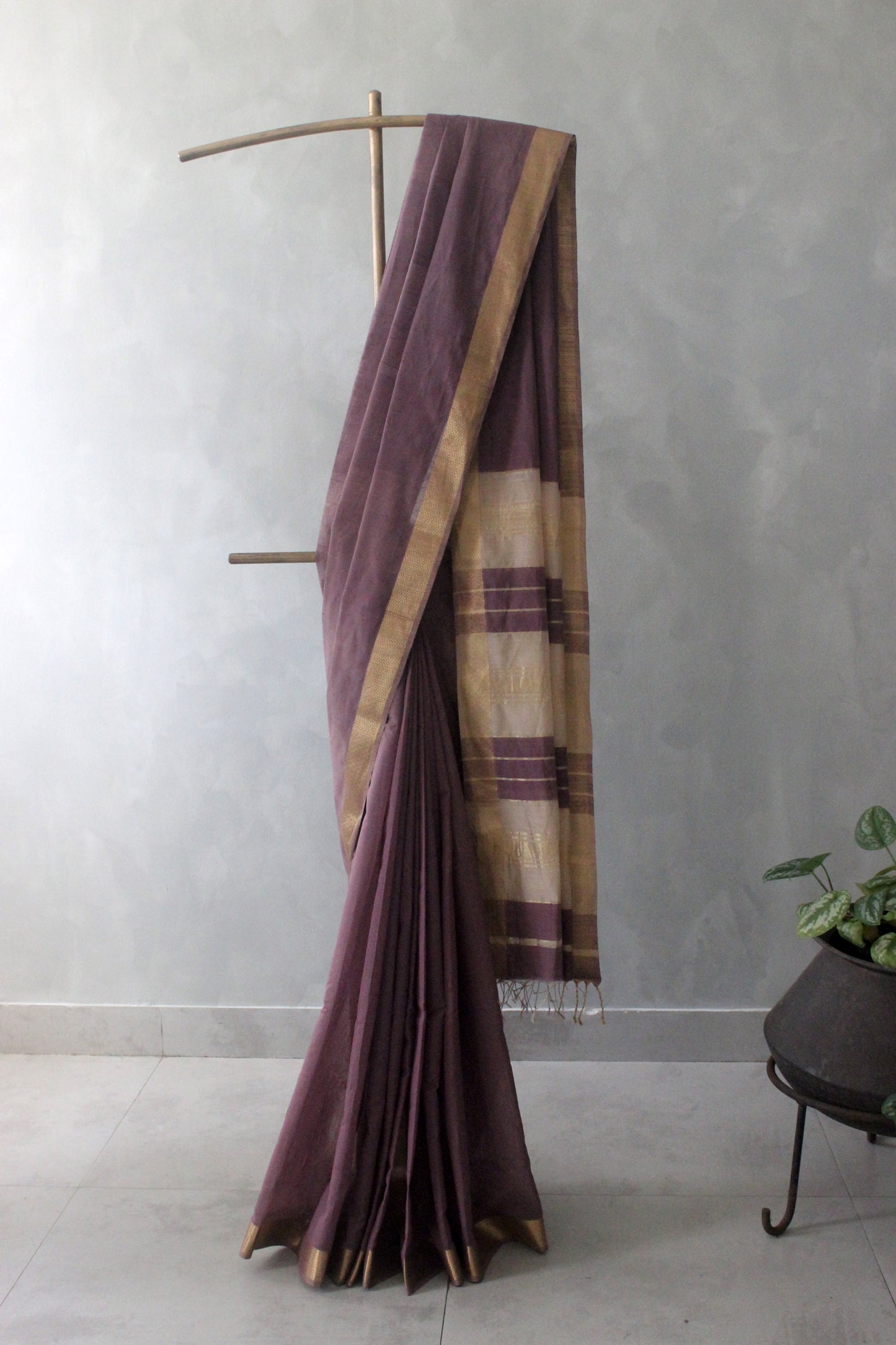 Dark Mauve Silk Khadi Saree with Self Stripes & Zari Border Saree