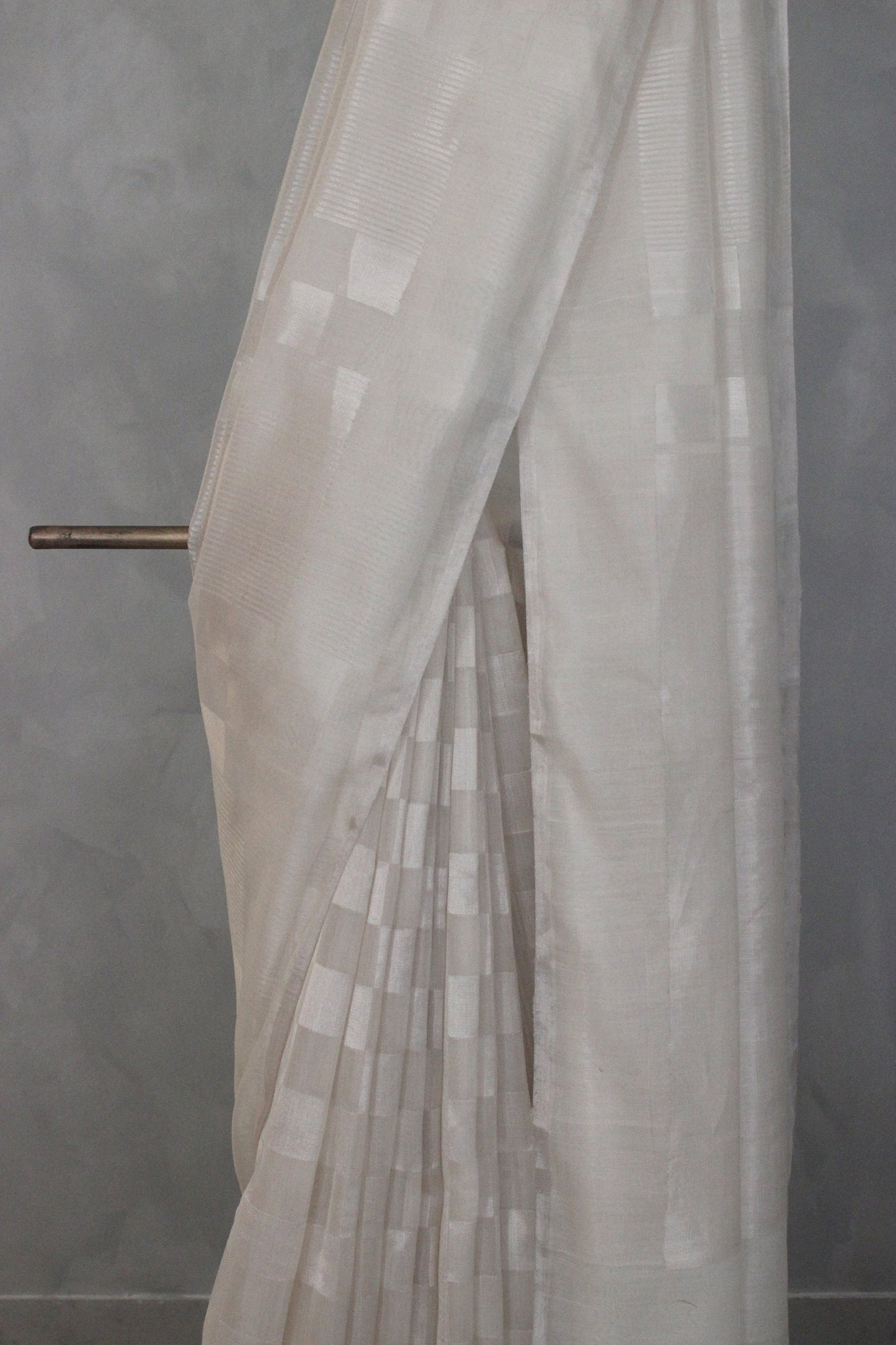 White Silk with Fine Mercerized Cotton Silver Zari Checks and Striped Saree