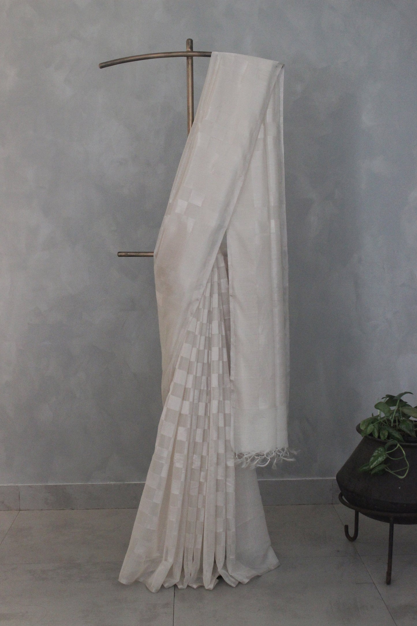 White Silk with Fine Mercerized Cotton Silver Zari Checks and Striped Saree