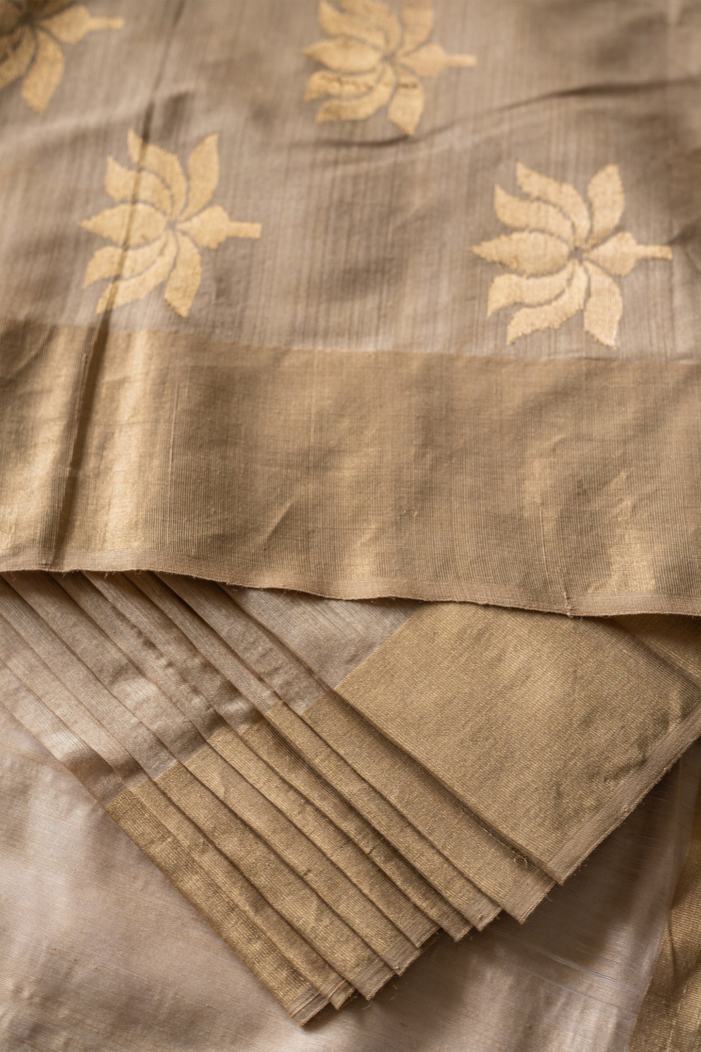 Beige Gold Silk Cotton Saree with Zari Border and Lotus Pallu Saree