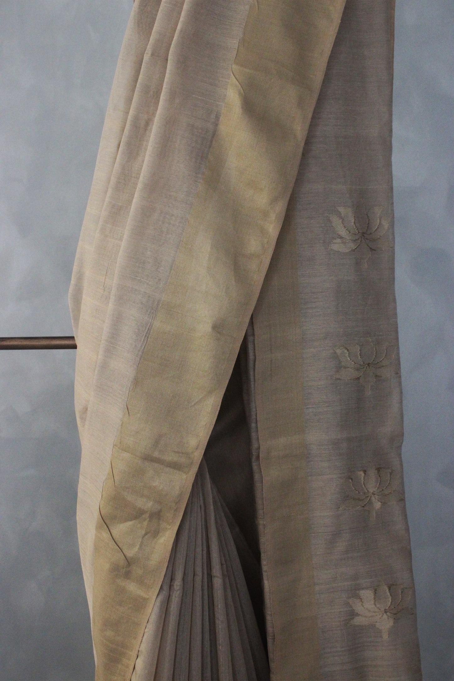 Beige Gold Silk Cotton Saree with Zari Border and Lotus Pallu Saree