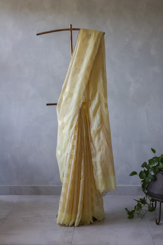 Light Yellow Silk Cotton All Over Zari Striped and Zari Boxes Body Saree