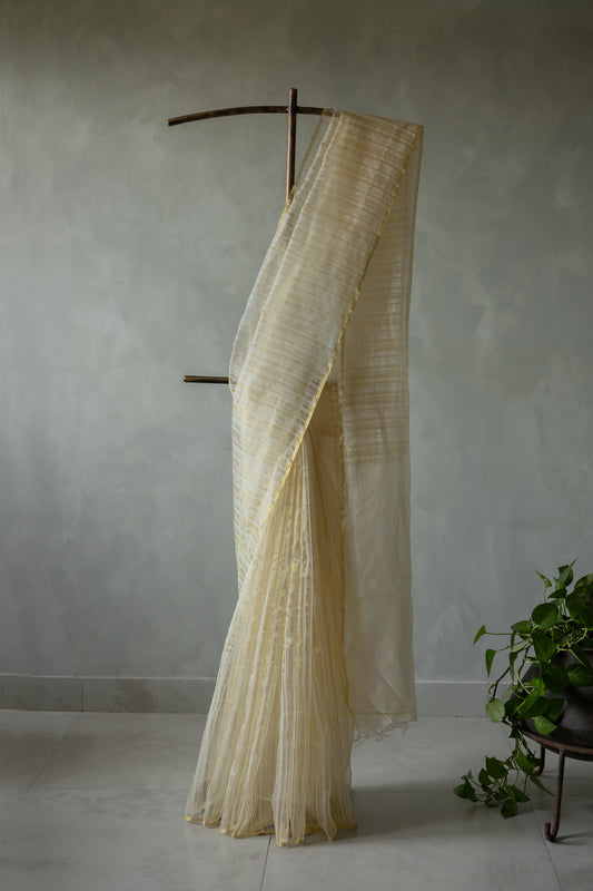 Off White Gold Silk Cotton All Over Gold Tissue Random Striped Saree