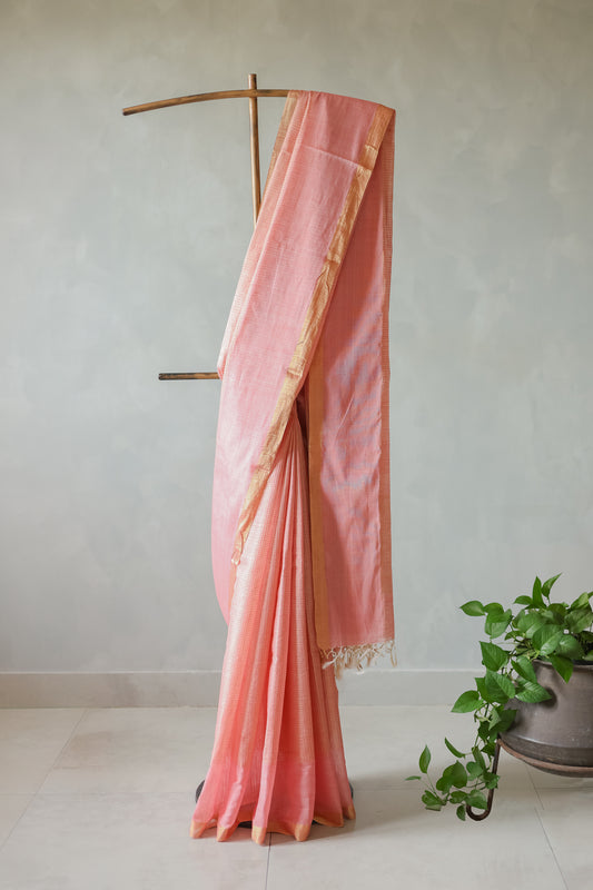 Onion Pink Khadi Plain Border Zari Checked Body Saree