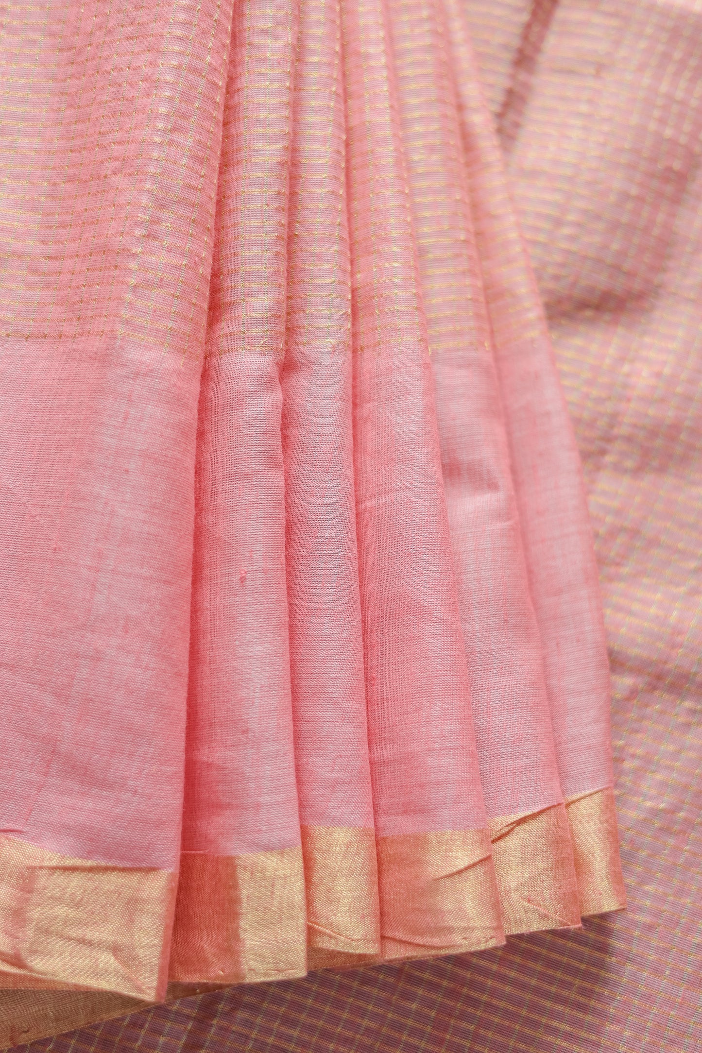 Onion Pink Khadi Plain Border Zari Checked Body Saree