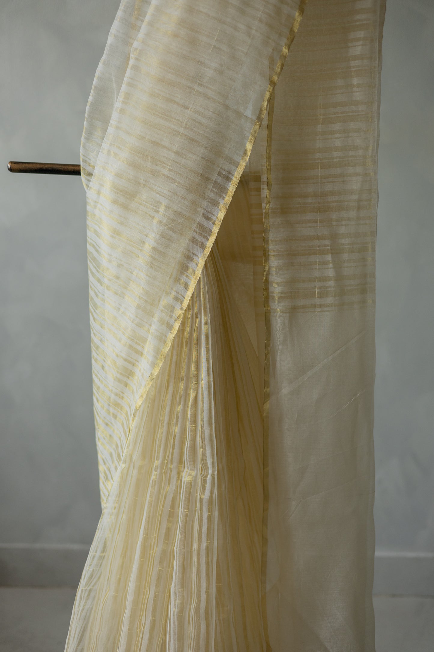 Off White Gold Silk Cotton All Over Gold Tissue Random Striped Saree