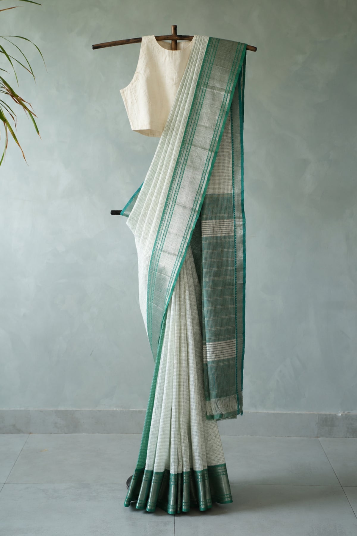 Half White Checked Sari with Green and Silver Zari Border Saree