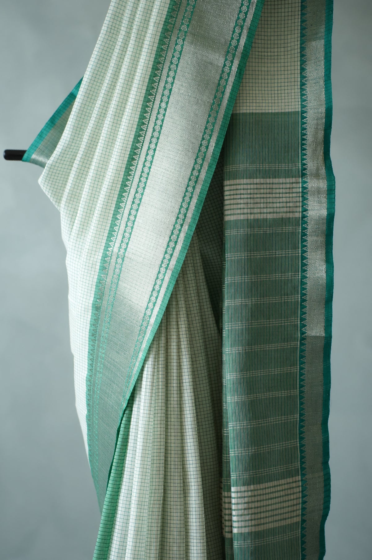 Half White Checked Sari with Green and Silver Zari Border Saree