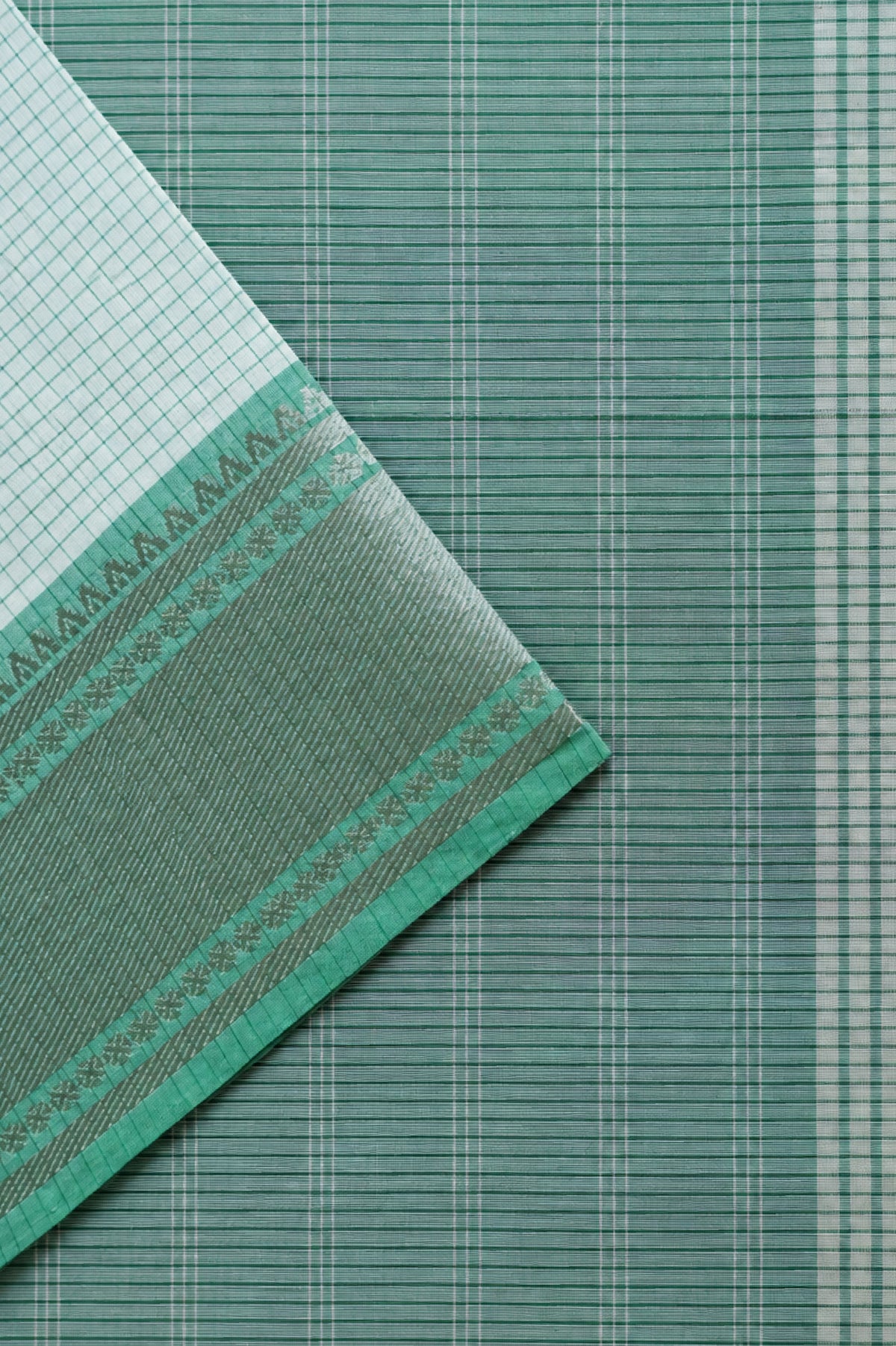 Half White Checked Sari with Green and Silver Zari Border Saree
