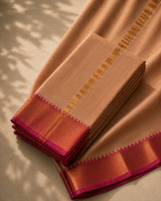 Natural Beige Mangalagiri Silk Cotton Veshti Set with Reddish Pink Zari Border