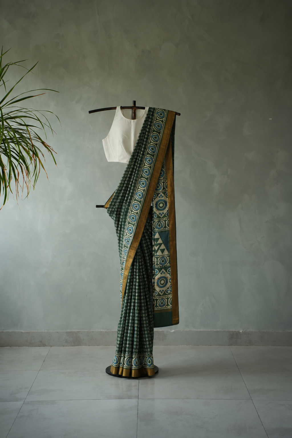 Olive Green Mangalagiri Cotton Saree Featuring an All Over Dabu Print