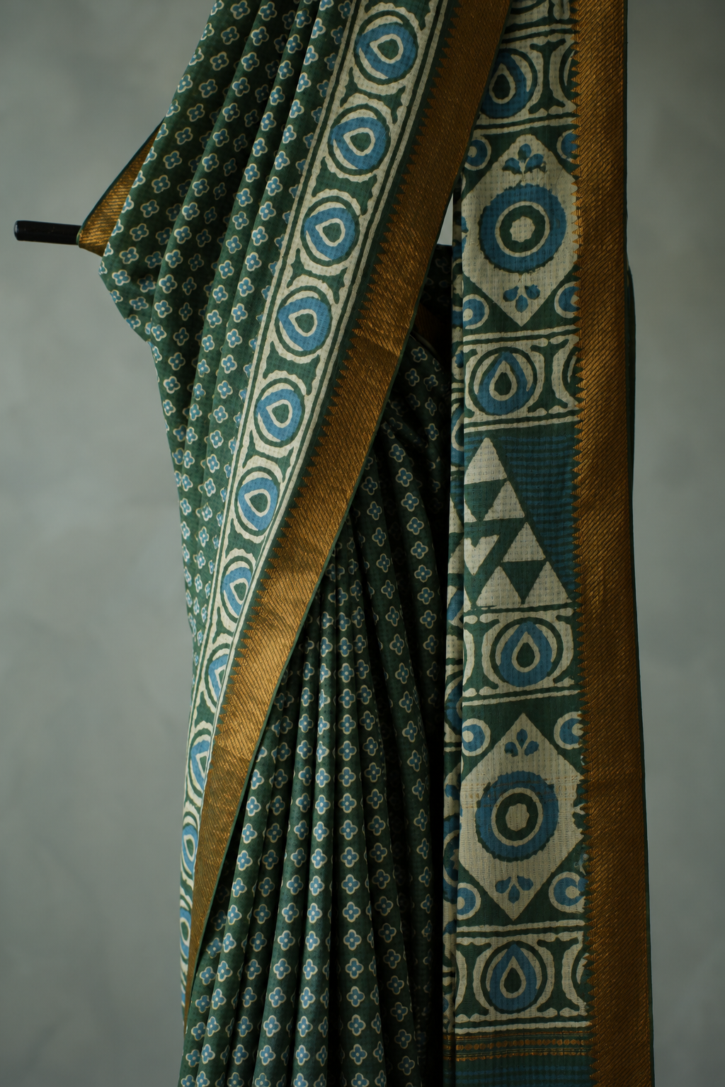 Olive Green Mangalagiri Cotton Saree Featuring an All Over Dabu Print