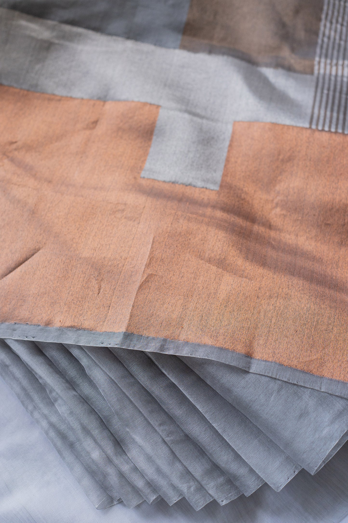 Grey silk tissue with merserised cotton and Khapa abstract pallu saree