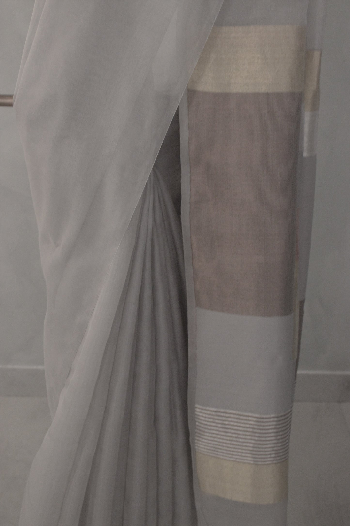 Grey silk tissue with merserised cotton and Khapa abstract pallu saree