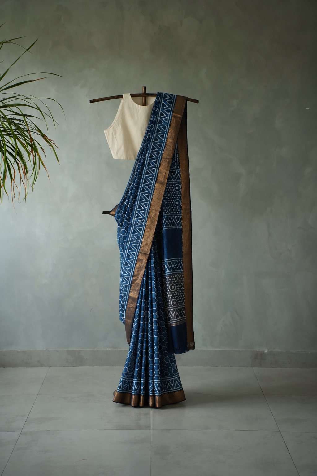 Indigo Blue Mangalagiri Cotton Saree Featuring an All Over Dabu Print