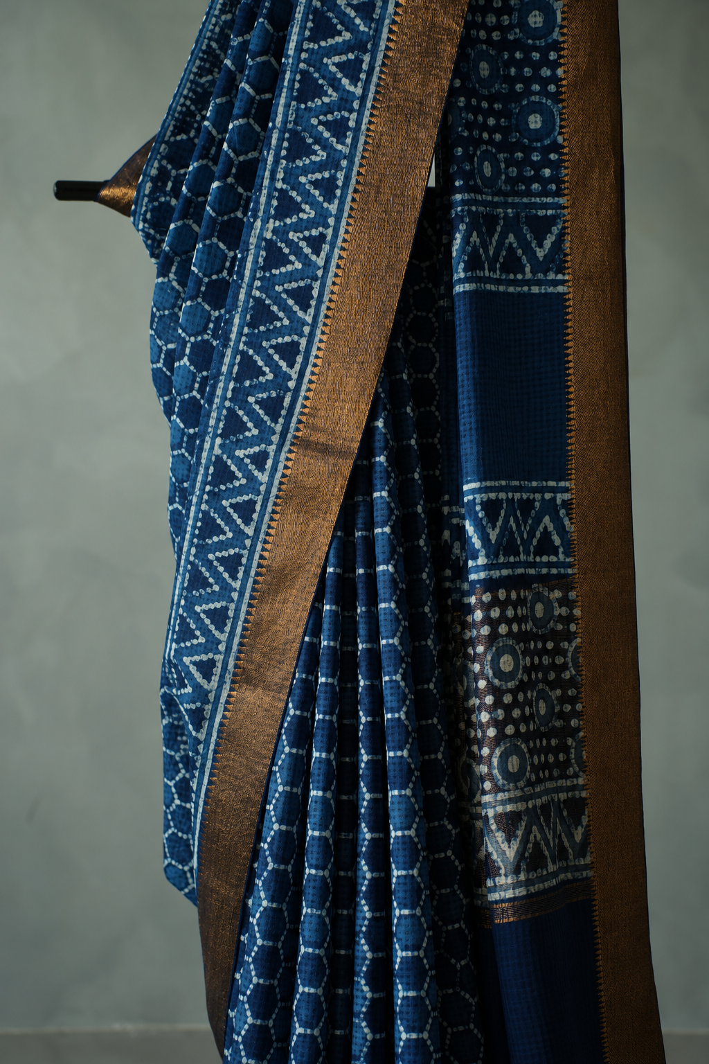 Indigo Blue Mangalagiri Cotton Saree Featuring an All Over Dabu Print