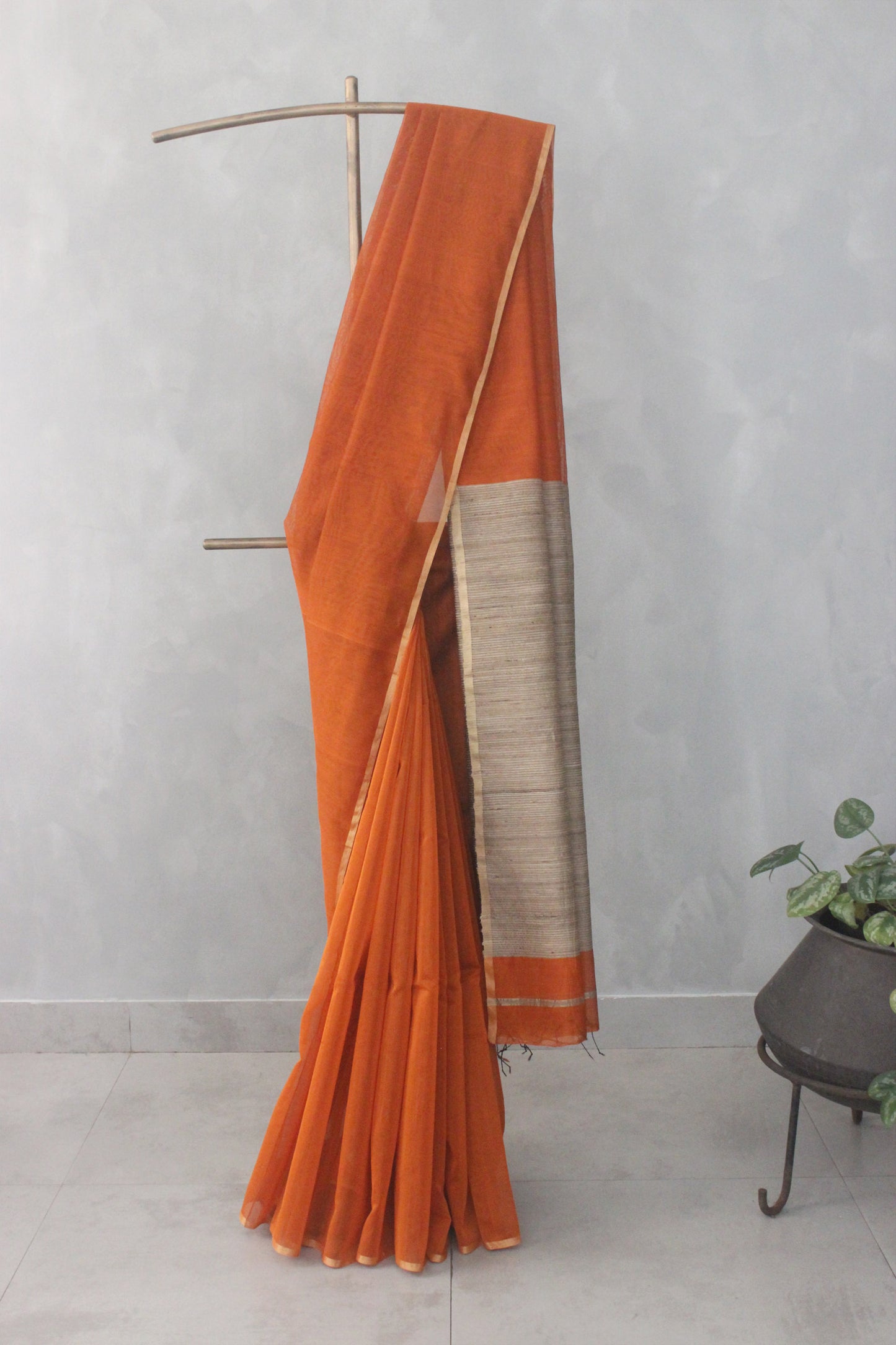 Orange Silk Cotton with Large Stripes Pallu Saree