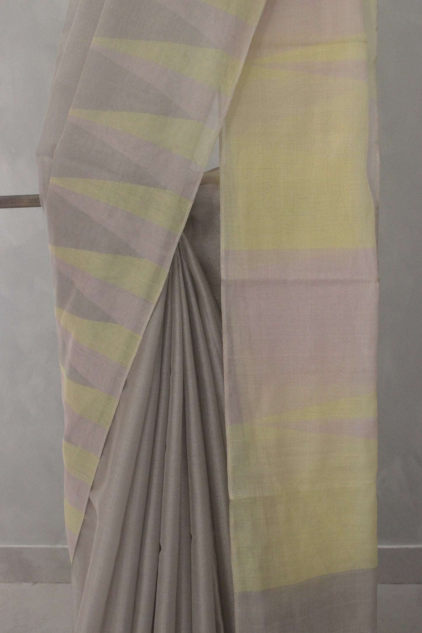 Grey Silk Tissue with Mercerised Cotton temple border saree