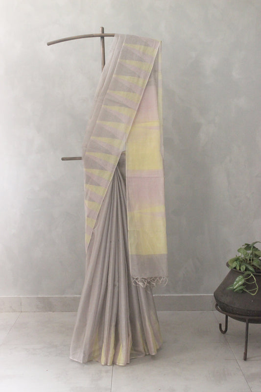 Grey Silk Tissue with Mercerised Cotton temple border saree