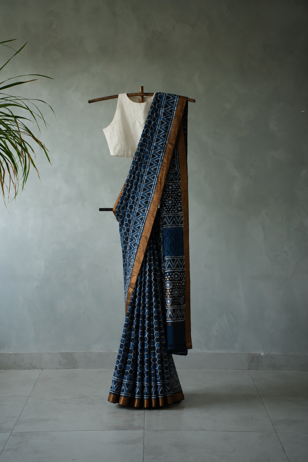 Indigo Blue Mangalagiri Cotton Saree Featuring an All Over Dabu Print