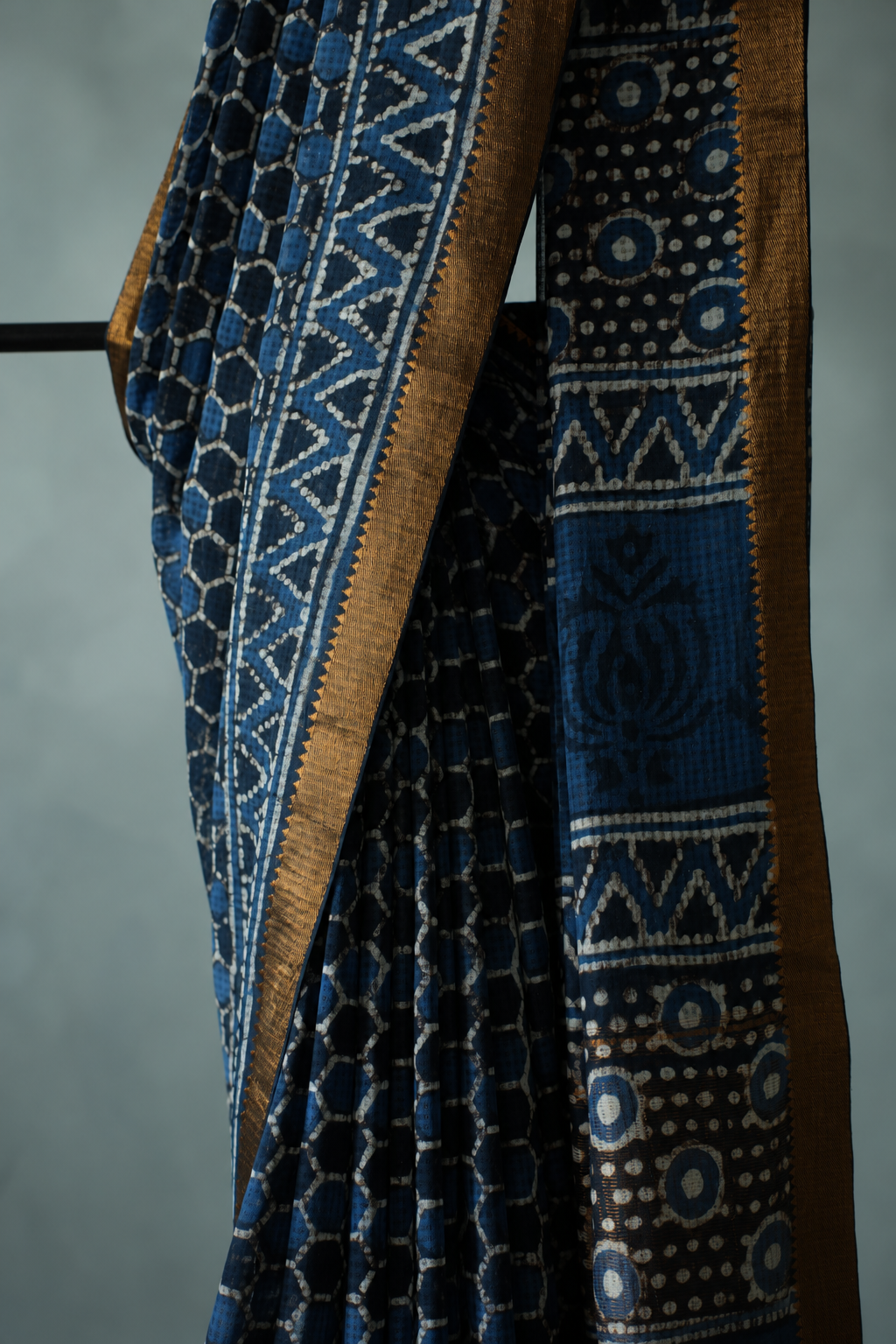 Indigo Blue Mangalagiri Cotton Saree Featuring an All Over Dabu Print