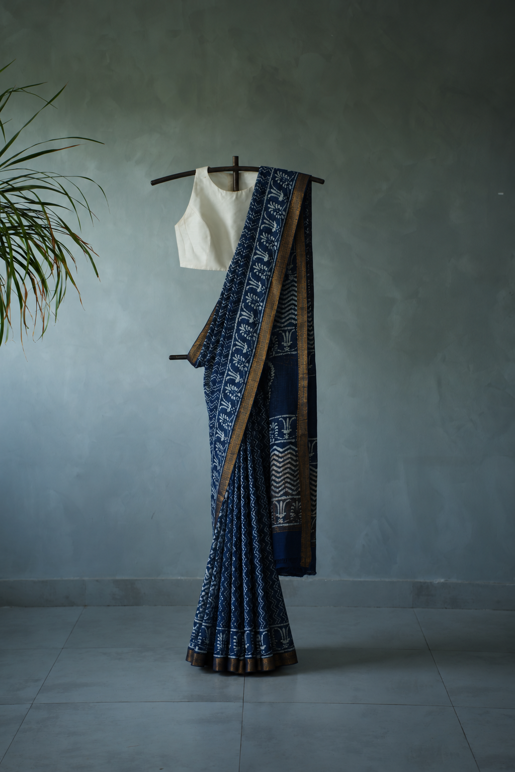 Indigo Blue Mangalagiri Cotton Saree Featuring an All Over Dabu Print
