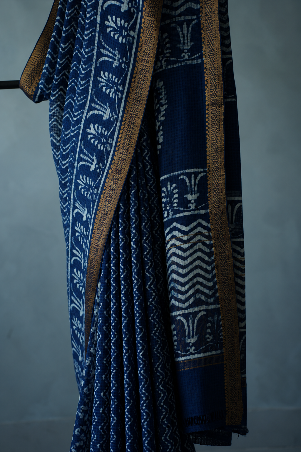Indigo Blue Mangalagiri Cotton Saree Featuring an All Over Dabu Print