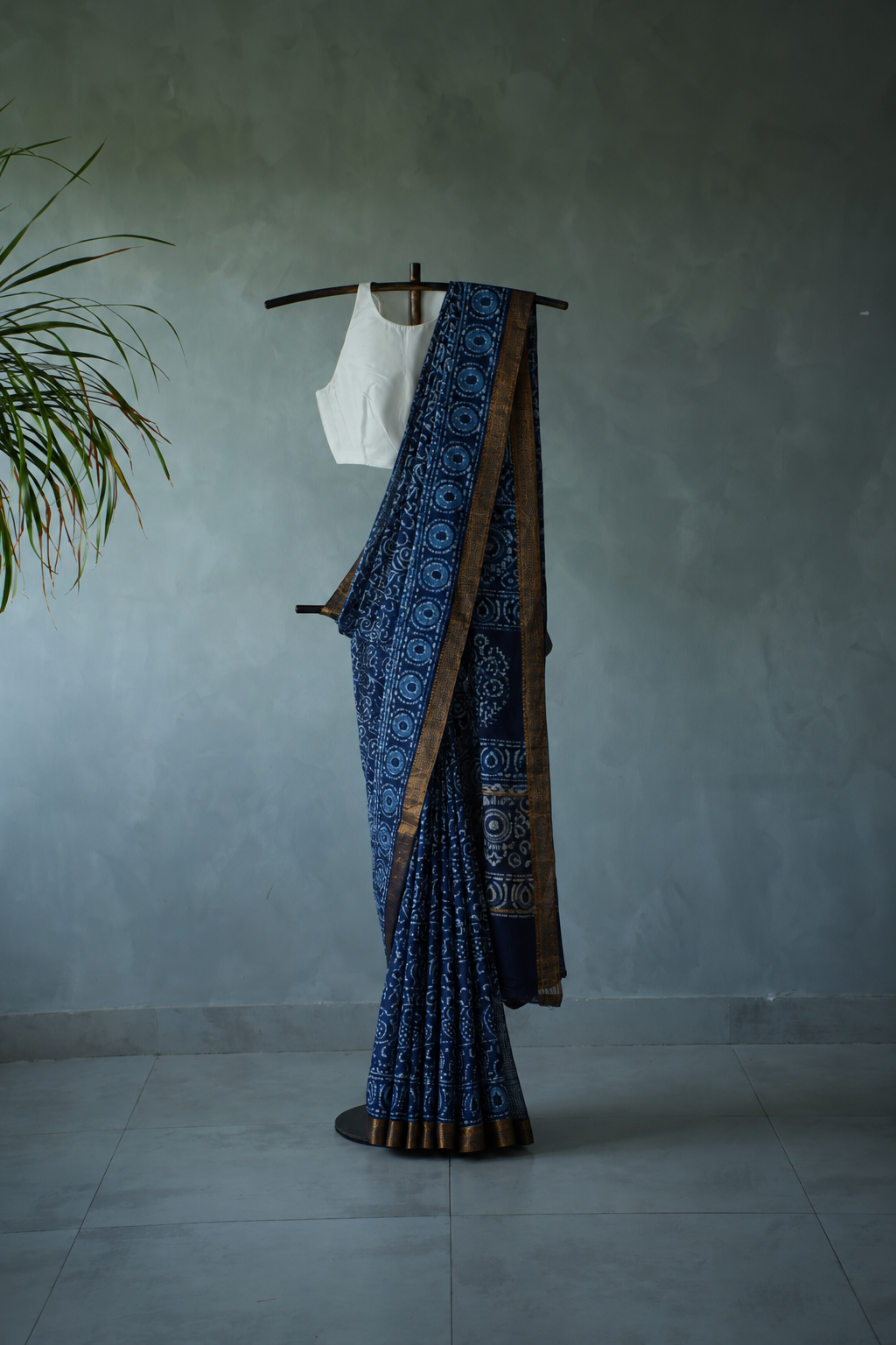 Indigo Blue Mangalagiri Cotton Saree Featuring an All Over Dabu Print