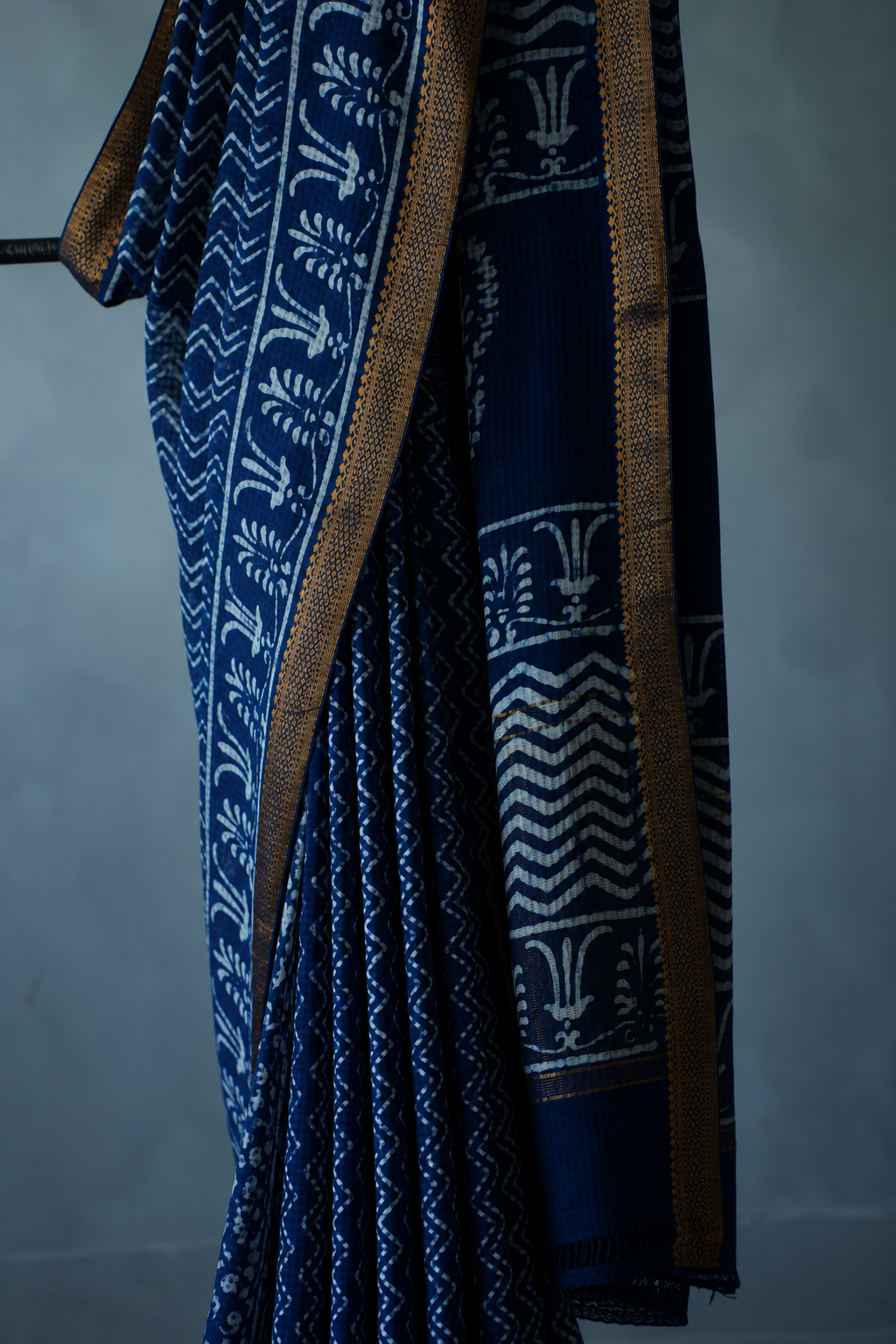 Indigo Blue Mangalagiri Cotton Saree Featuring an All Over Dabu Print