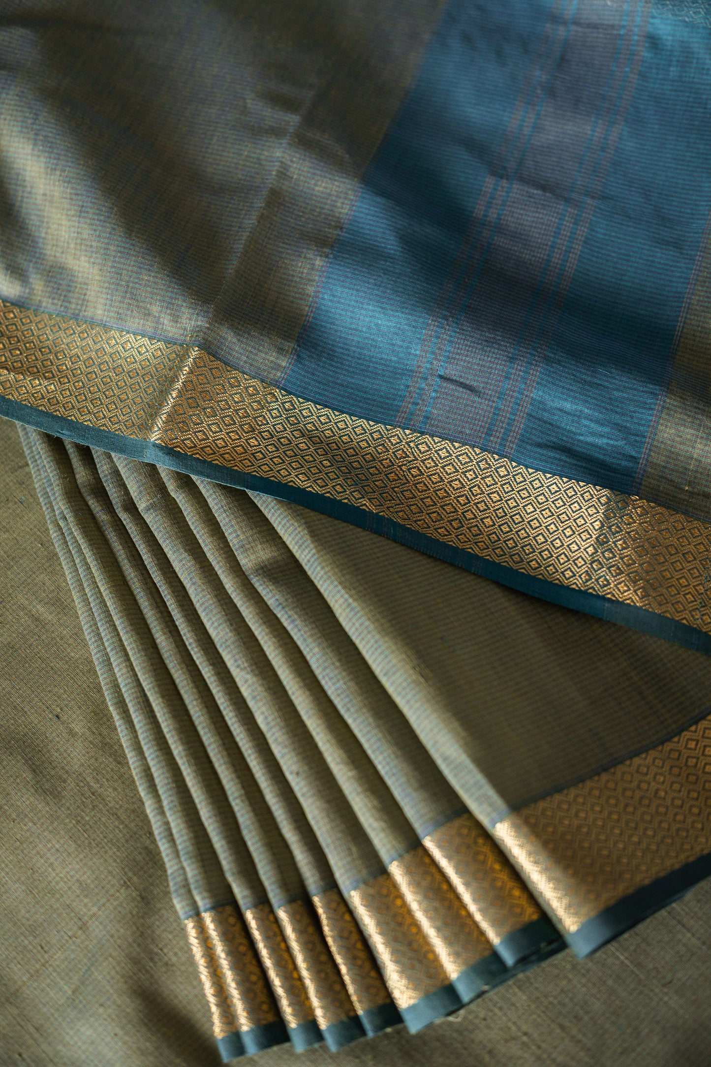 Greenish Grey Silk Khadi with Self Stripes & Zari Border Saree