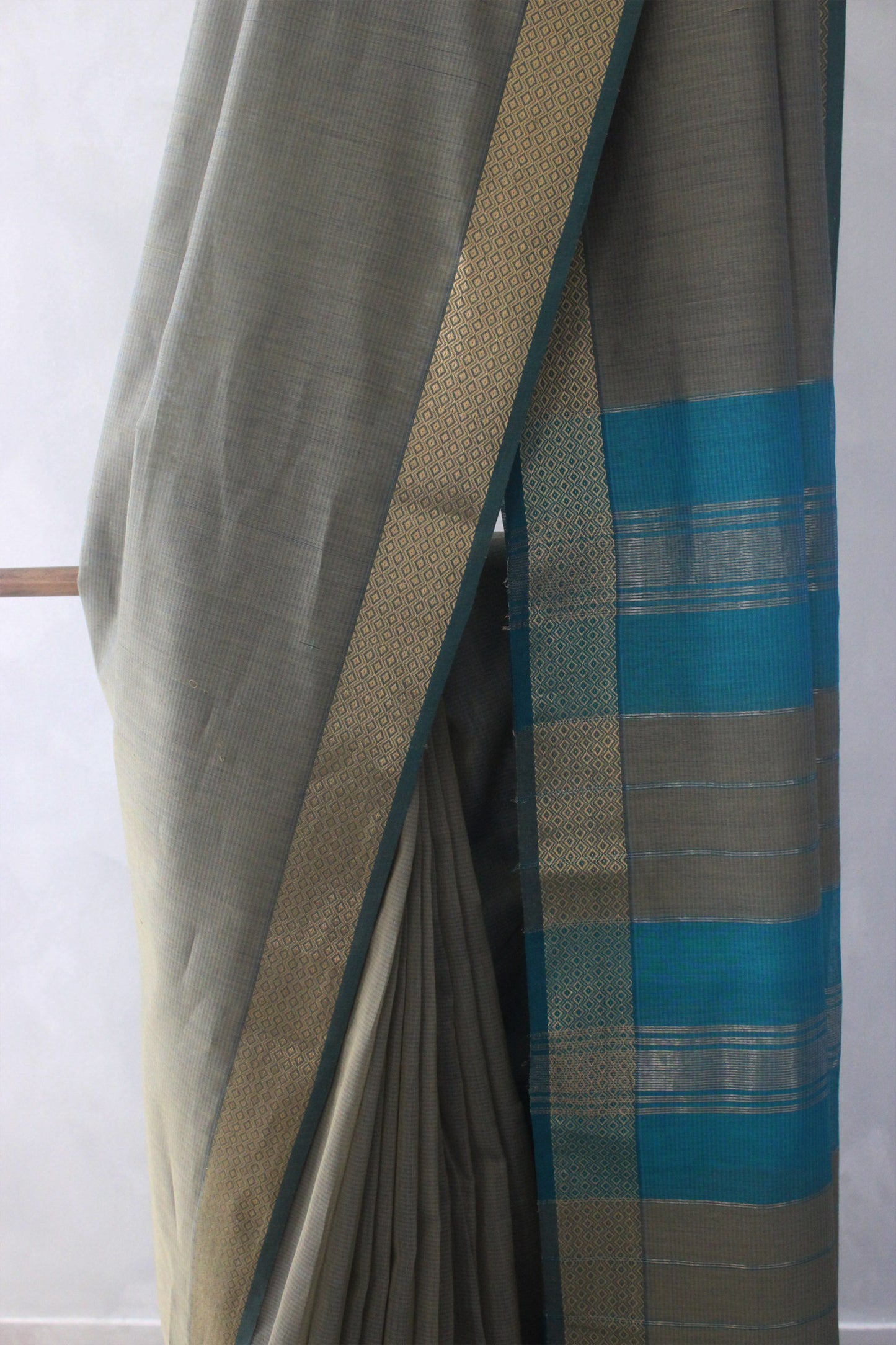 Greenish Grey Silk Khadi with Self Stripes & Zari Border Saree