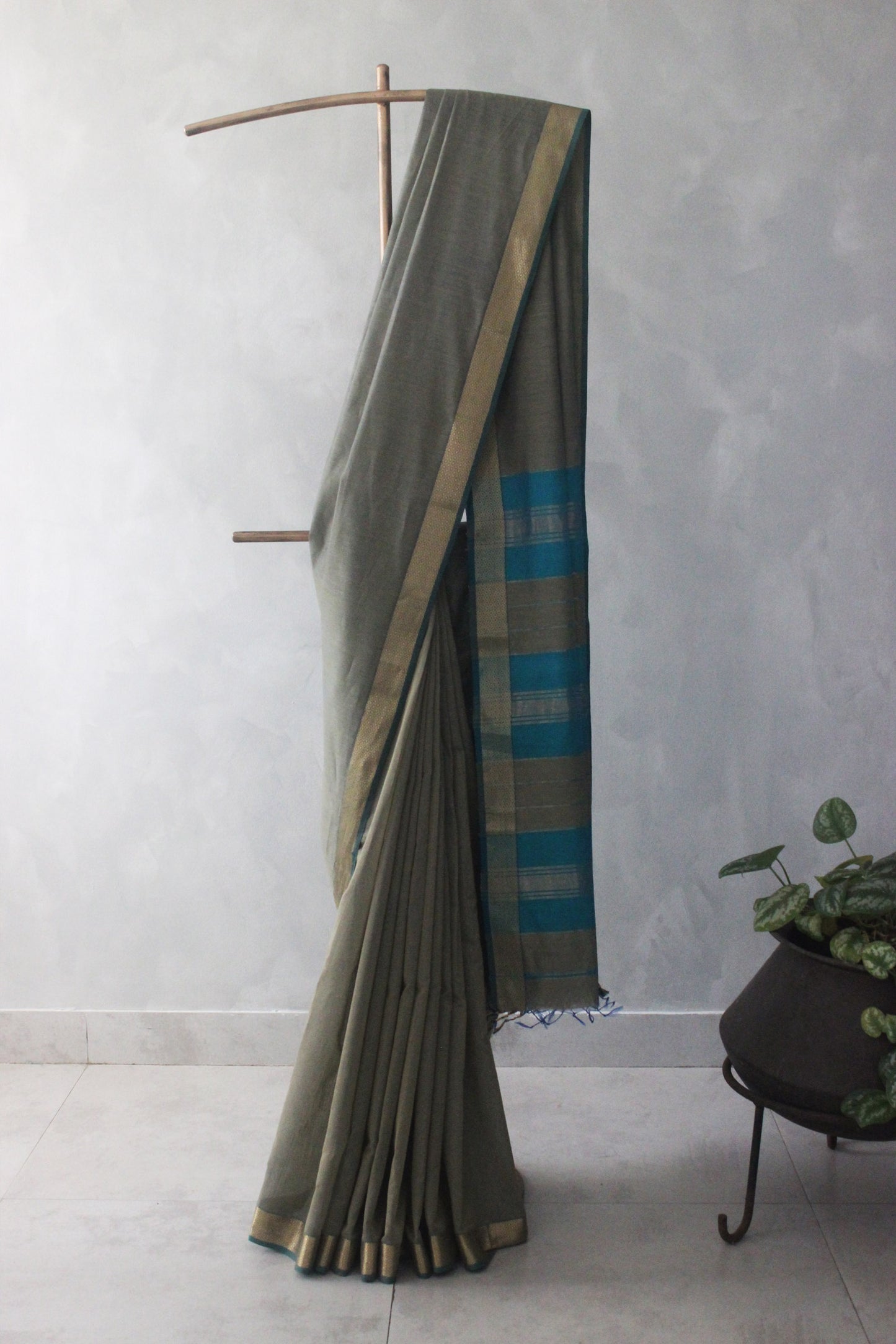 Greenish Grey Silk Khadi with Self Stripes & Zari Border Saree