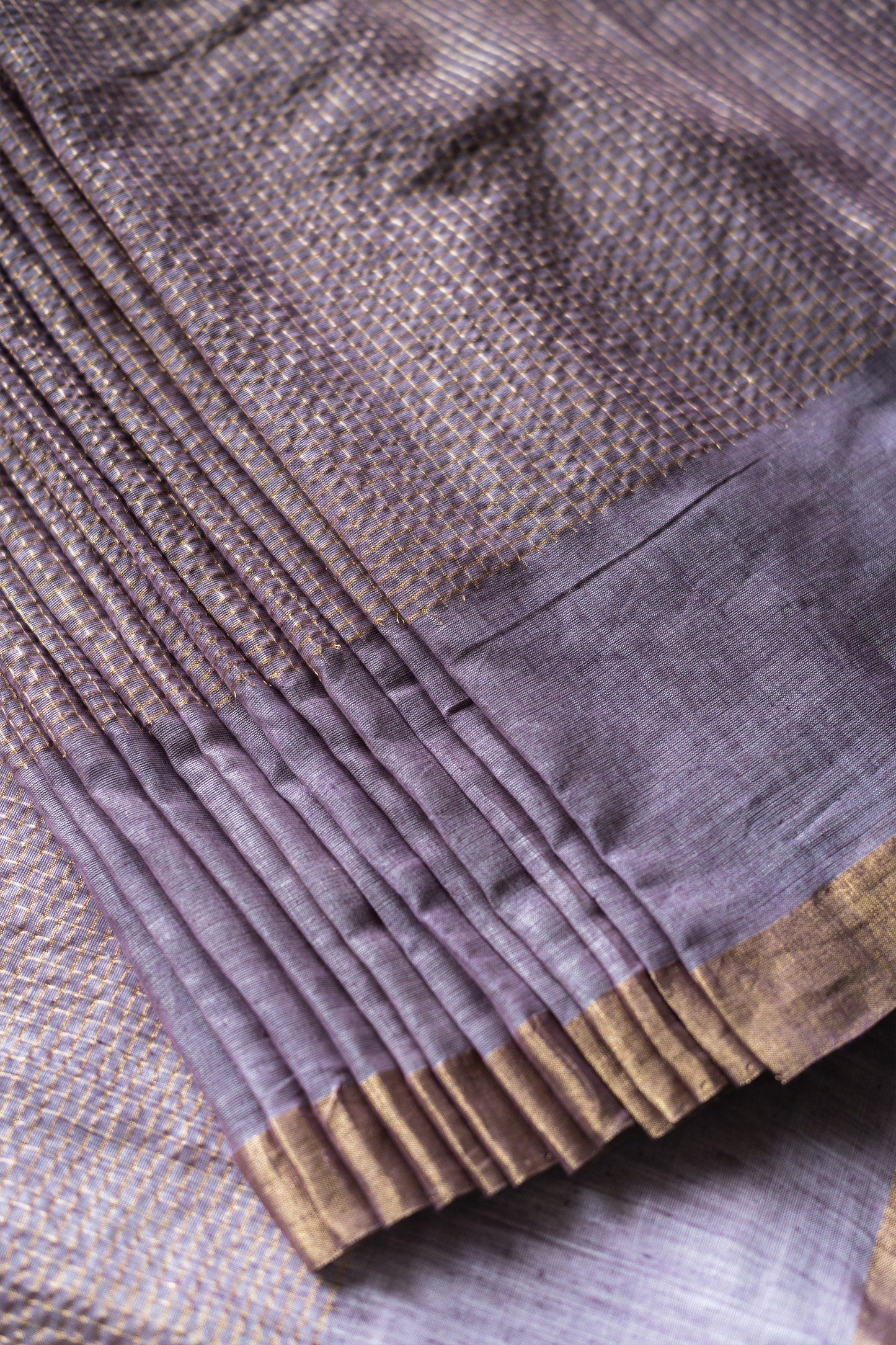 Mauve Gold Silk Khadi with Zari Checked Border Saree