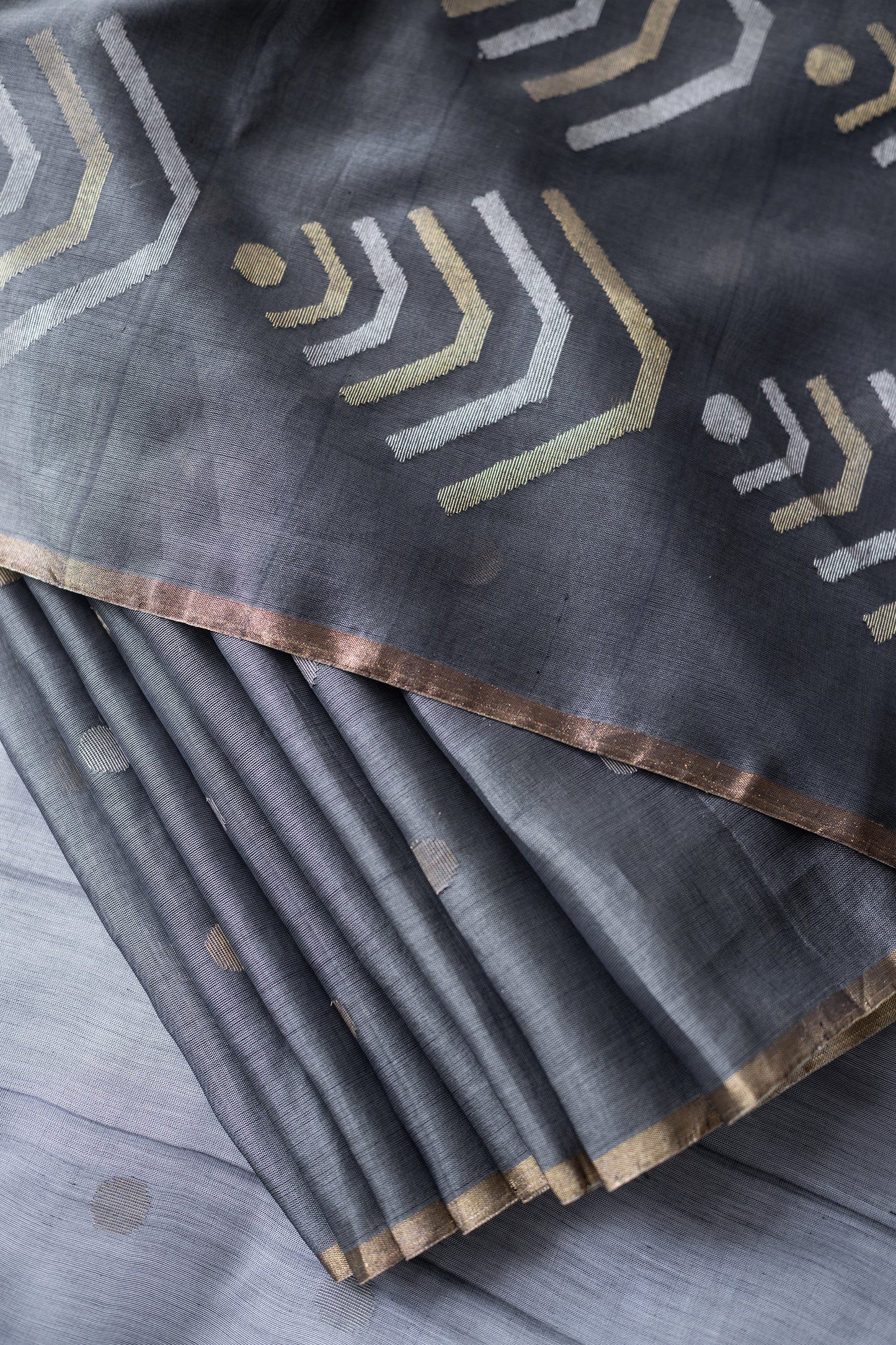 Dark Grey Silk Tissue with Mercerised cotton and Polka Motif Bengal Jala Pallu Saree