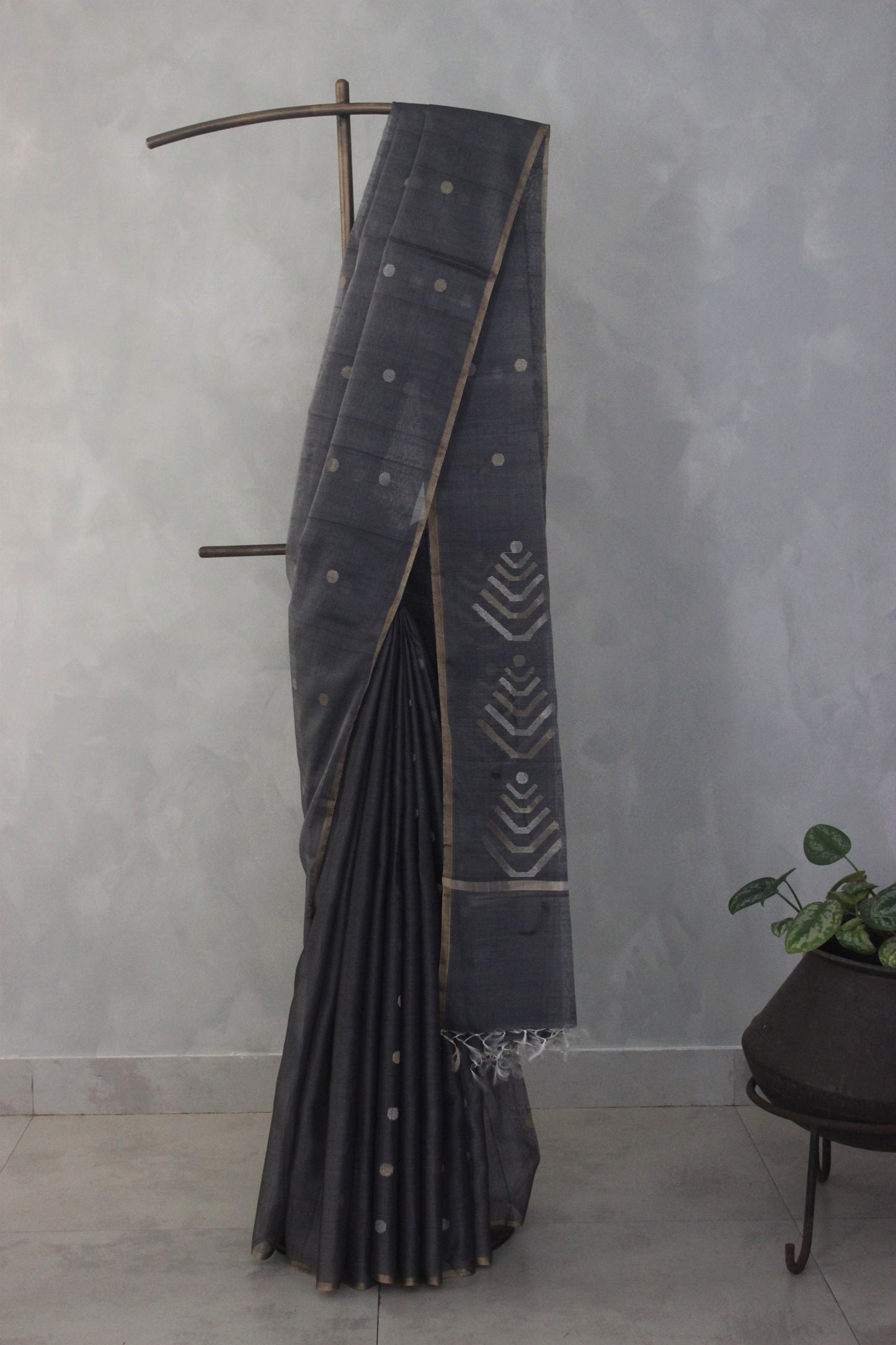 Dark Grey Silk Tissue with Mercerised cotton and Polka Motif Bengal Jala Pallu Saree