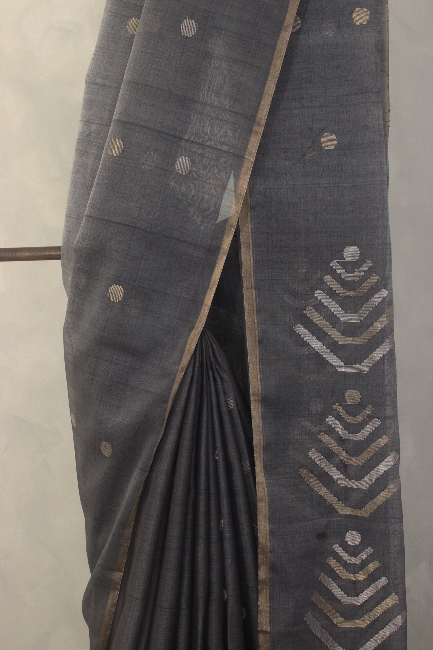 Dark Grey Silk Tissue with Mercerised cotton and Polka Motif Bengal Jala Pallu Saree